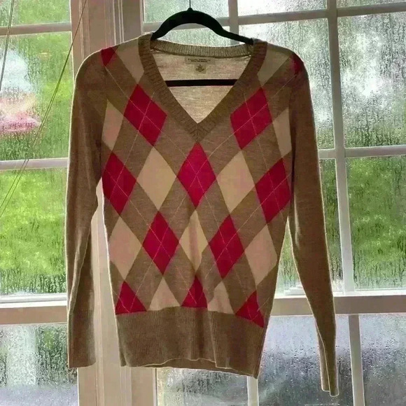 Banana Republic Merino Extra Fine Wool Small Pink White Tan Argyle via Neck - Picture 1 of 8